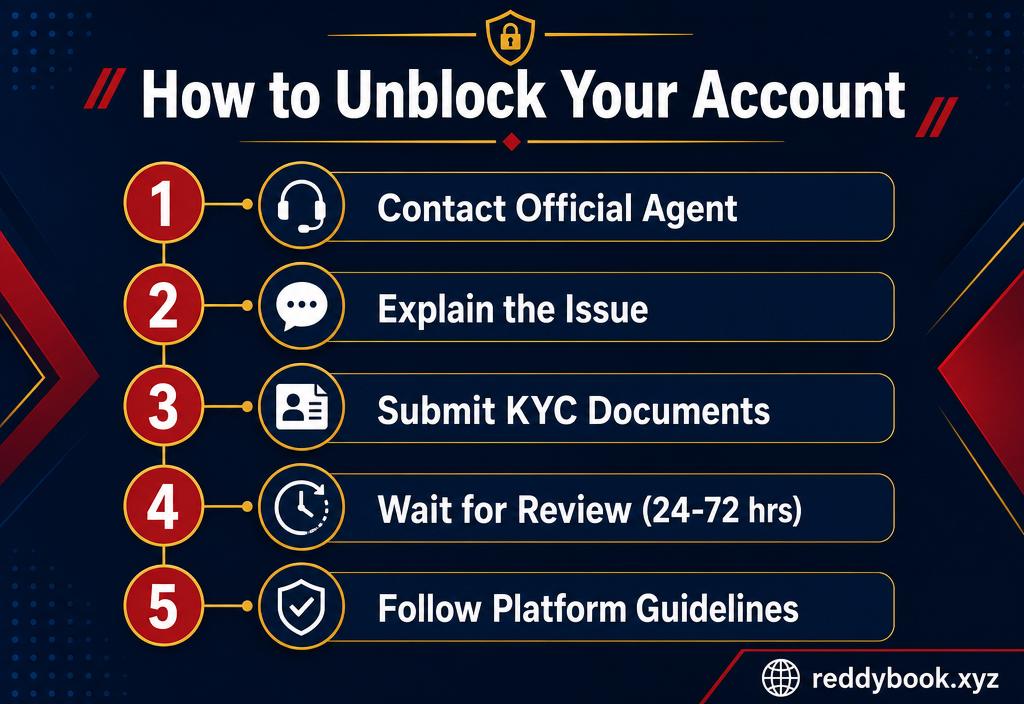 How to unblock a Reddy Anna Book account — contact agent, submit KYC, wait for review, restore access