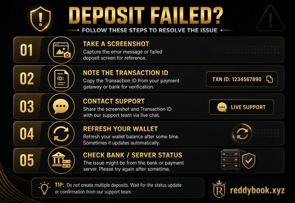 Reddy Anna Book deposit failed troubleshooting steps — screenshot, transaction ID, support, wallet refresh, bank status