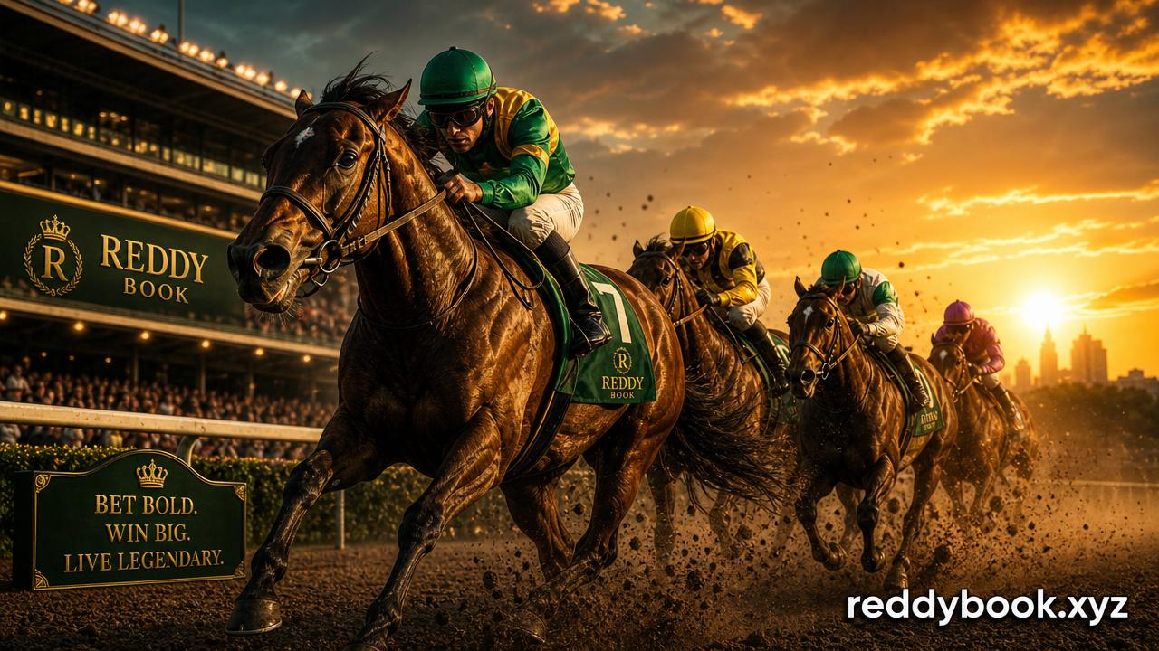 Horse Race Betting on Reddy Anna Book — thoroughbreds racing at sunset