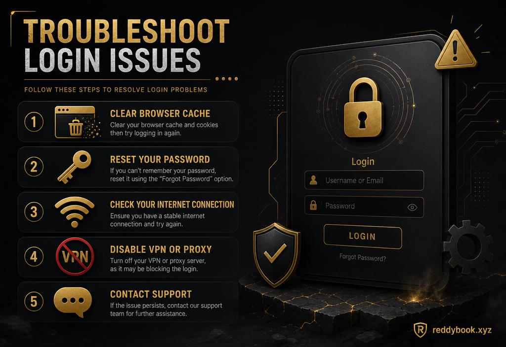 Troubleshoot Reddy Anna Book login issues — clear cache, reset password, check internet, disable VPN, contact support