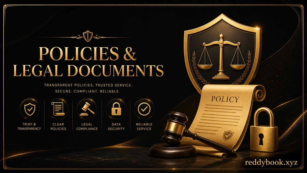 Reddy Anna Book Policies — golden shield, scroll, gavel and lock representing privacy, terms and disclaimer on reddybook.xyz