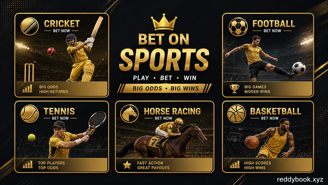 Reddy Anna sports betting collage — cricket, football, tennis, horse racing, basketball